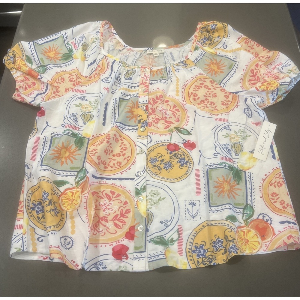 NEW/Kate and Lily~2XL~Boho Top Shirt Fruit an Flowers Floral